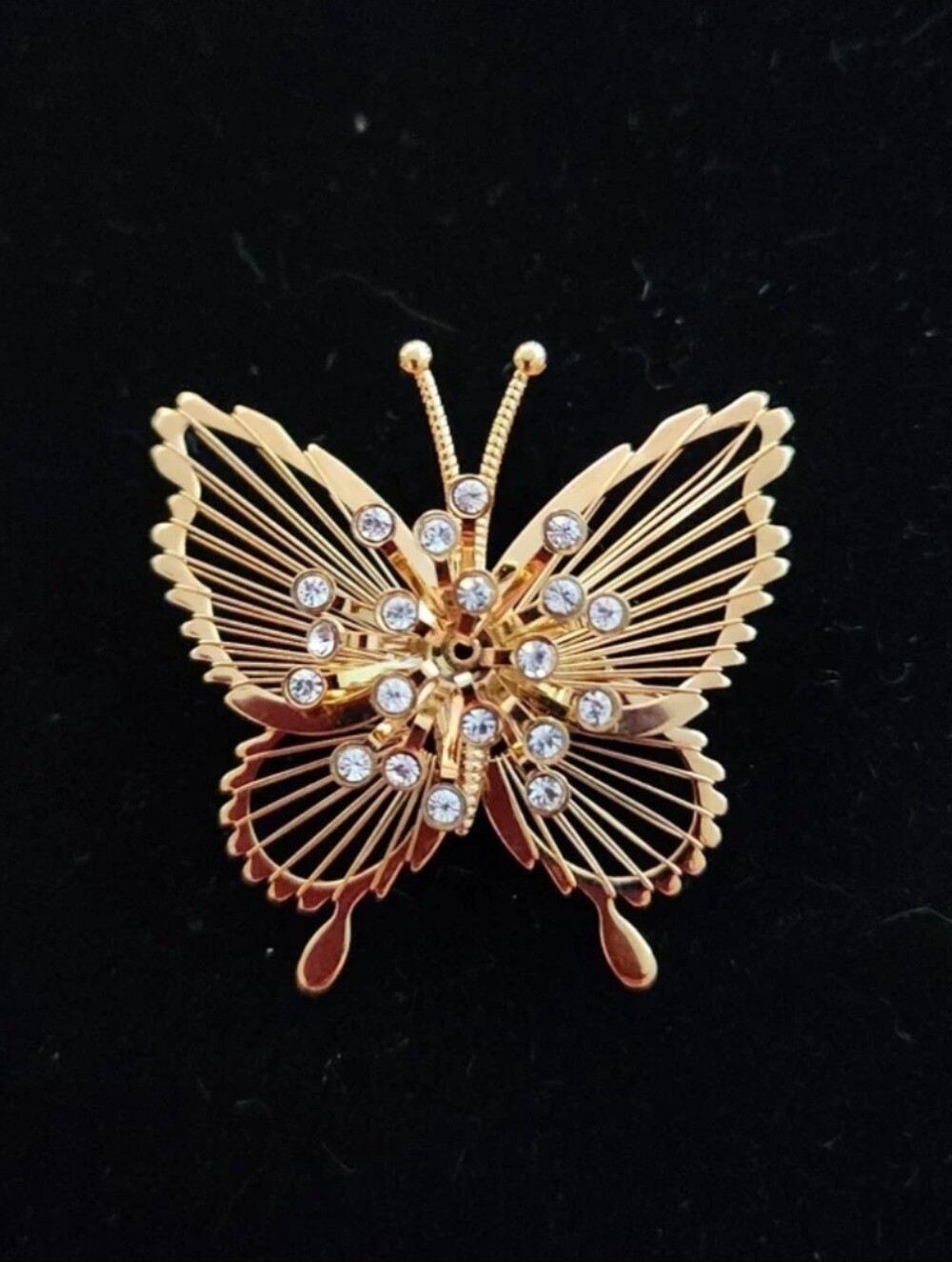 Vintage Gold Tone Monet Rhinestone Butterfly Signed Brooch Pin